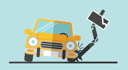 Cartoon yellow car accident collision with broken pole illustration