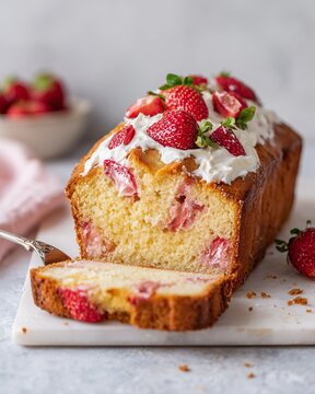 Strawberry pound cake sliced on a light marble surface, topped with whipped cream and fresh strawberries, with a bowl of strawberries in the background