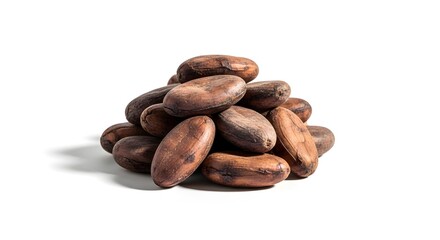 Obraz premium Pile of Raw Cacao Beans Isolated on White Background Natural Chocolate Ingredient Photography