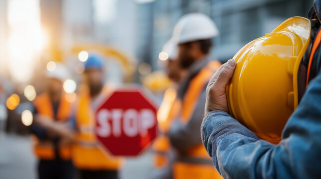 Group of faceless construction workers standing around stop sign discussing traffic control work zone coordination safety meeting construction team site safety planning