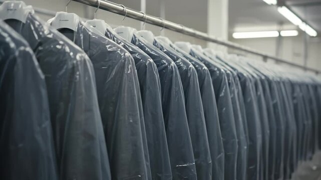 Rows of Suits Hanging in Plastic Protection