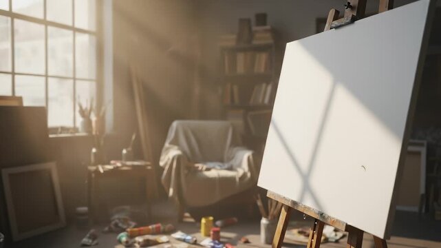 Artist Studio with Empty Canvas and Sunlight