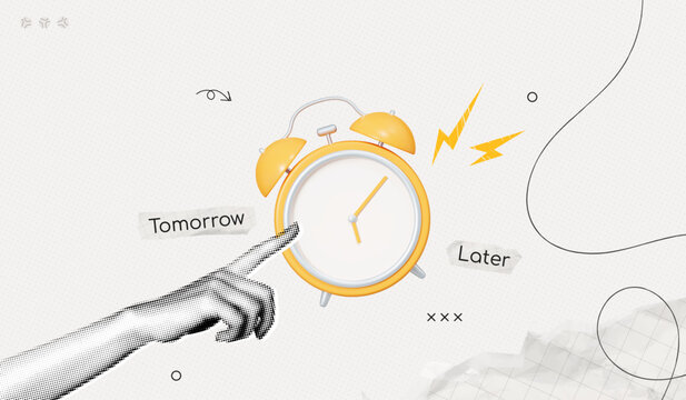 Trendy Halftone Collage Hand pointing yellow Alarm Clock with deadline. Personification of procrastination. Putting off important tasks for later. Time delay. Contemporary vector illustration art