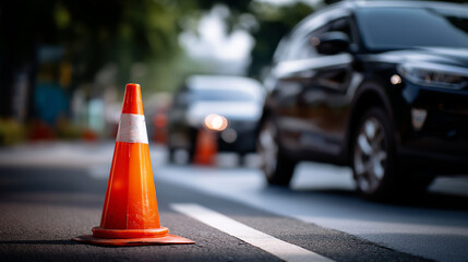 Car accident scene with orange warning cone on road surface traffic incident road hazard emergency situation safety marker accident site traffic disruption defocused
