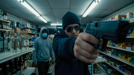 Obraz premium Armed man in sunglasses threatens with a gun inside a convenience store, while another figure in a hoodie stands in the background, creating a tense atmosphere of crime and danger