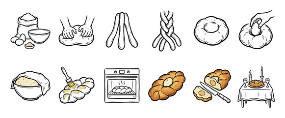 Fototapeta premium Challah bread making process icon set shows a hand-drawn step-by-step guide for a traditional Jewish recipe, from kneading dough to baking and serving for Shabbat