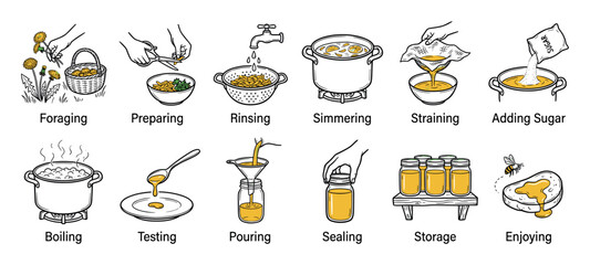 Step-by-step instructional illustration set showing how to make homemade dandelion honey from foraging flowers to jarring the final sweet syrup in a hand-drawn line art style