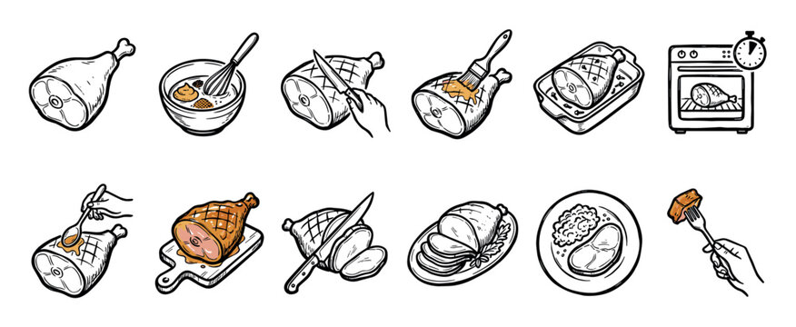 Cooking ham recipe instruction icon set showing the step-by-step process of preparing, glazing, roasting, and slicing a pork leg for a festive holiday dinner meal