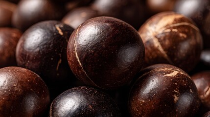Obraz premium Smooth, round, dark brown spherical objects with natural imperfections, closely clustered together. The surface reflects light, adding a glossy texture, suggesting they are organic