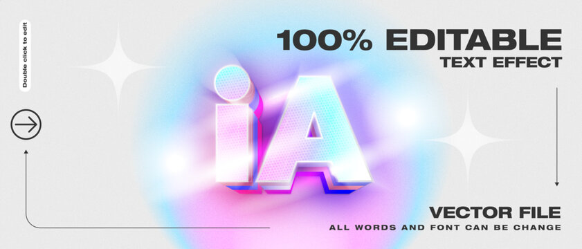 Fully editable neon gradient text effect. Iridescent colors with glow and halftone texture. Vector file for typography design, branding, posters, and social media graphics