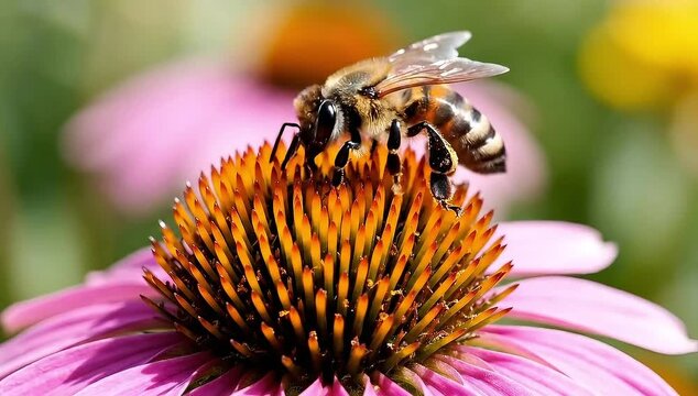 Busy bee collecting nectar from vibrant pink coneflower in garden