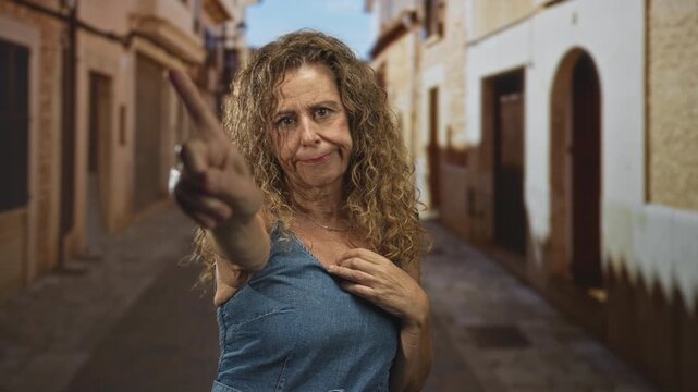 Woman in denim dress points a finger directly at camera while pressing her hand to her chest on a narrow oldtown street; stern warning.