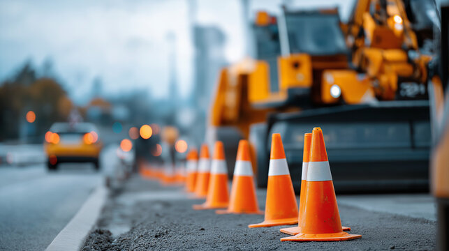Active road construction zone with orange cones and heavy machinery highway maintenance work asphalt repair street renovation infrastructure improvement project roadwork opera
