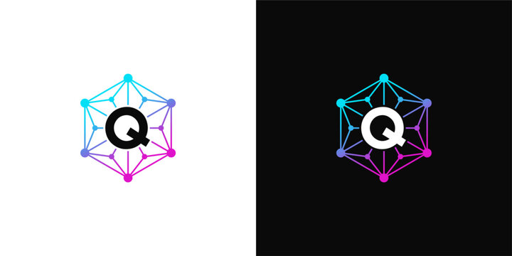 Quantum Computing Q Letter Logo Design in Hexagonal Shape with Network Connection and Gradient Colors on White and Black Backgrounds, representing technology and innovation