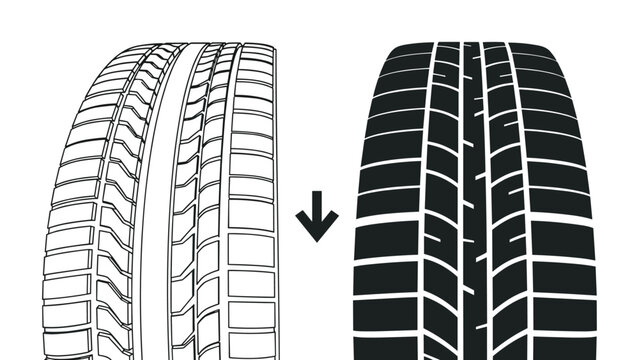 Black and white diagram comparing the tread depth and pattern of a new car tire with a dangerously worn out tire specimen.