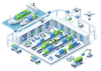 Obraz premium Automated industrial facility with robotic machinery and cargo ships in an isometric 3D illustration