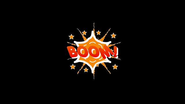 BOOM Word Retro Cartoon Comic Bubbles Pop Up Style, Expressions Color Bomb and Smoke Strip Dotted Animated comic book style, Caption bursting with energy on black  screen 4k doodle background