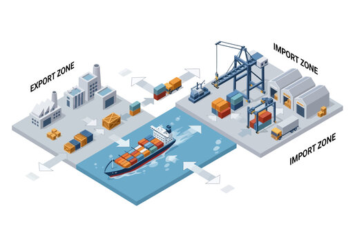 Cargo ship docked at a port with import and export zones, illustrating logistics and transportation operations from an aerial viewpoint
