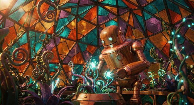 Stained glass with robot gardening.