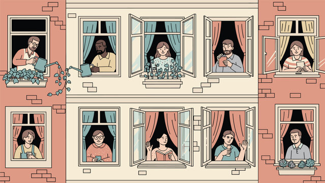 Diverse neighbors engaged in daily activities while looking out from windows of a multi-story urban apartment building illustration.