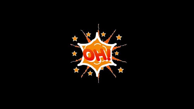 OH Word Retro Cartoon Comic Bubbles Pop Up Style, Expressions Color Bomb and Smoke Strip Dotted Animated comic book style, Caption bursting with energy on black  screen 4k doodle background