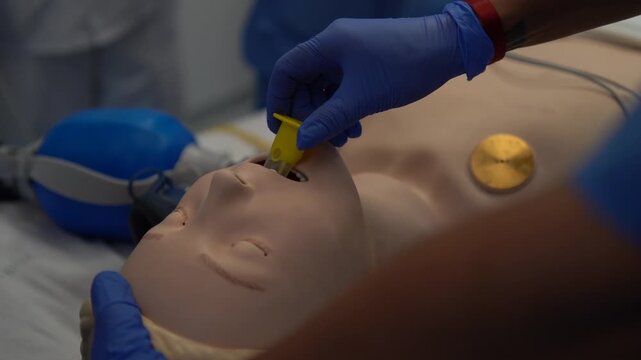 Medical student wearing blue gloves practicing oropharyngeal airway insertion on a training dummy