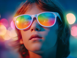 Portrait of child in rainbow reflective sunglasses with neon background