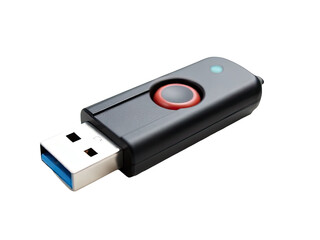 A small black USB drive with a distinctive red button, ideal for use as a computer peripheral or in design and technology projects