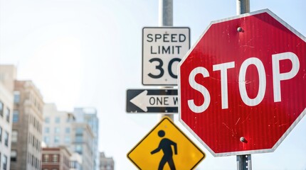 Obraz premium Red stop sign with white lettering, speed limit sign, and pedestrian crossing sign against a cityscape background on a bright day
