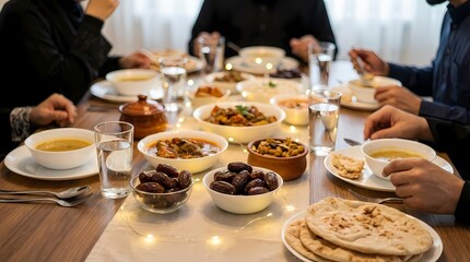 Close-up of a traditional Iftar table with dates, soup, and various dishes during the holy month of Ramadan.