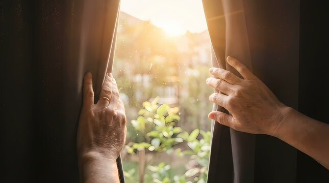 Close-up of hands opening dark curtains to let in bright morning sunlight and a garden view.