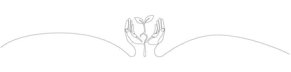 Continuous line illustration of two hands carefully holding and protecting a young plant sprout, one stroke line drawing representing ecology, growth, nature care, and environmental hope.