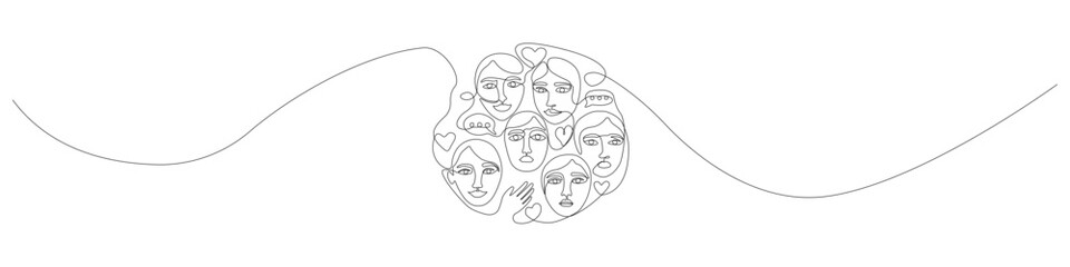 One line drawing set of diverse human faces with hearts and speech bubbles, continuous line art pack showcasing unity, community, and social connection in a modern minimalist style.