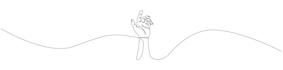 Minimalist single line illustration of a hand reaching upwards, continuous line art with an unbroken linear form and clean contour, symbolizing help, ambition, or spiritual connection.