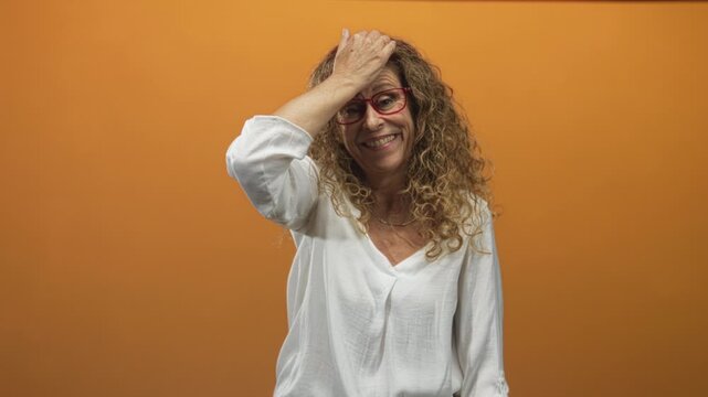 Woman with hand on forehead and fingers in hair, wearing red glasses and white blouse, smiling against an orange studio backdrop; amused nostalgia.