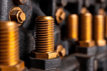 Golden bolt close up with industrial machine background showing metallic texture and mechanical parts in warm light