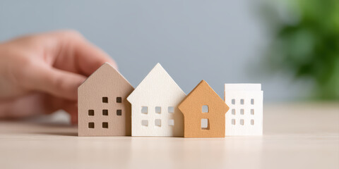 Wooden house model hand miniature home concept real estate property beige white brown small architecture building design decoration table close up indoors background blur modern minimal