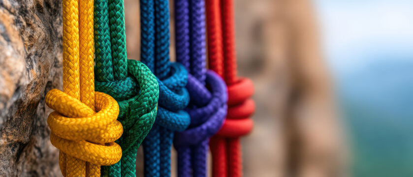 Colorful climbing ropes tied with knots hanging on rock wall, close up of outdoor equipment for adventure and safety, vibrant texture and pattern