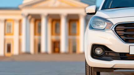 White car front view close up with classic building background in soft light, minimal style urban scene with clear sky and empty street for peaceful atmosphere