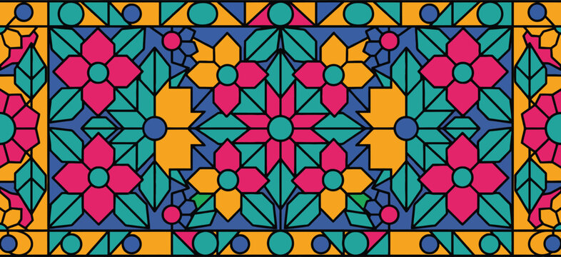 Colorful geometric floral border seamless pattern with abstract flowers and shapes, stained glass style decorative ornament for design projects, vivid mosaic graphic element stripes.