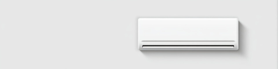 Obraz premium Minimal white air conditioner indoor unit mounted on light wall with shadow, modern cooling system for home or office, clean design and efficient climate control