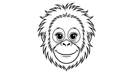 Obraz premium Smiling monkey face vector illustration, black and white cartoon line art, expressive eyes, wide grin, furry tufts, playful animal artwork for coloring pages and children’s design projects