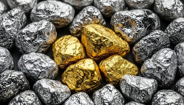 Gold nuggets shining among rough silver ore stones