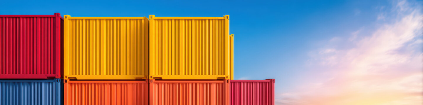 Colorful shipping container stacked outdoors with vibrant blue sky and soft clouds at sunset, conveying industrial efficiency and global trade in minimal style