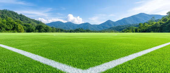 Obraz premium Green grass sports field white line mountain blue sky cloud outdoor nature landscape sunny day grass field athletic field recreation open space horizon summer fresh vibrant natural environment