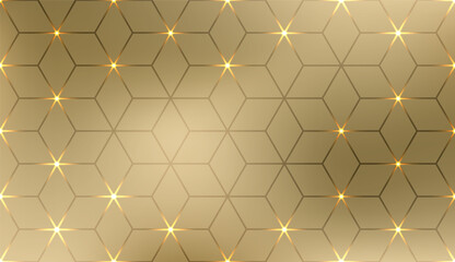 Obraz premium Luxury golden background with isometric rhombus pattern. Elegant geometric grid with glowing stars at intersections for premium holiday design. Rhombus flower of life geometry.