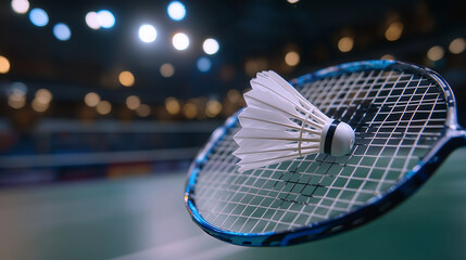 Intimate macro shot of a shuttlecock&acirc;s feather structure against a blurred indoor court background, racket handle visible but out of focus, soft arena lighting creating gentle high