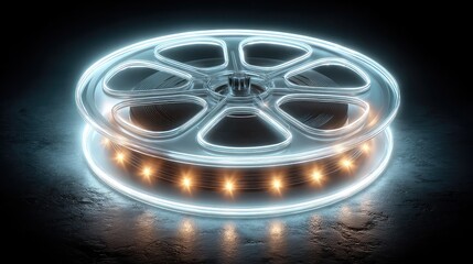 Neon film reel symbol glowing bright white and silver, classic glowing cinema icon, radiant illuminated movie reel, vibrant neon film industry symbol