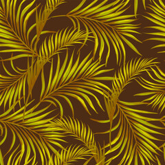 Fototapeta premium Green tropical palm leaves seamless vector pattern on the black background.Trendy summer print. 