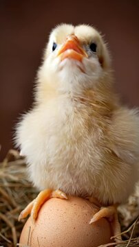 Curious chick emerges: fluffy hatchling explores surroundings on egg perch